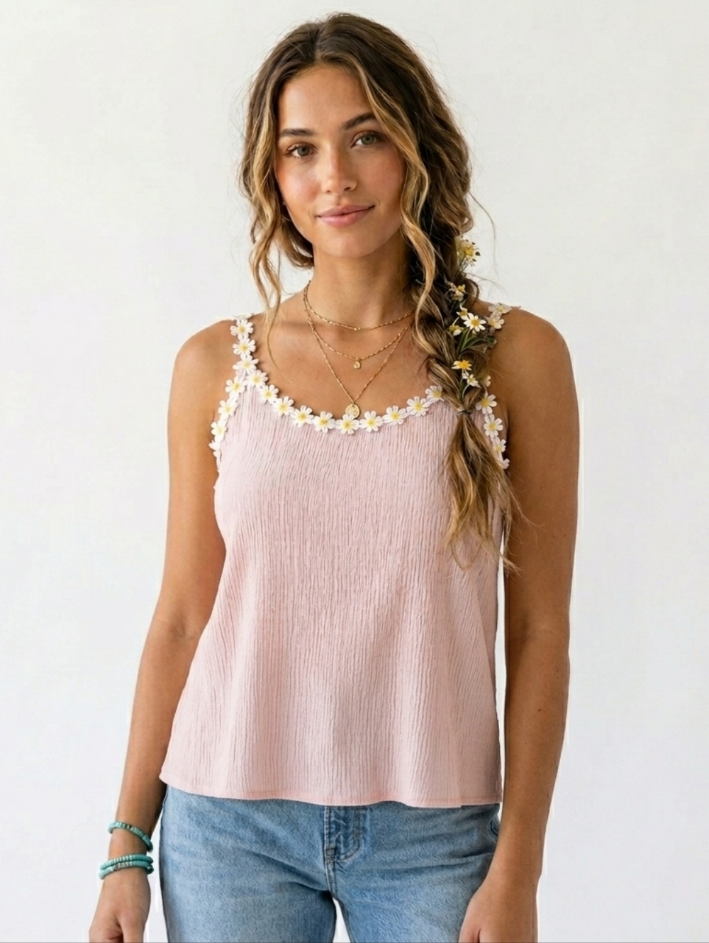 Daisy-Trim Ribbed Pink Tank Top